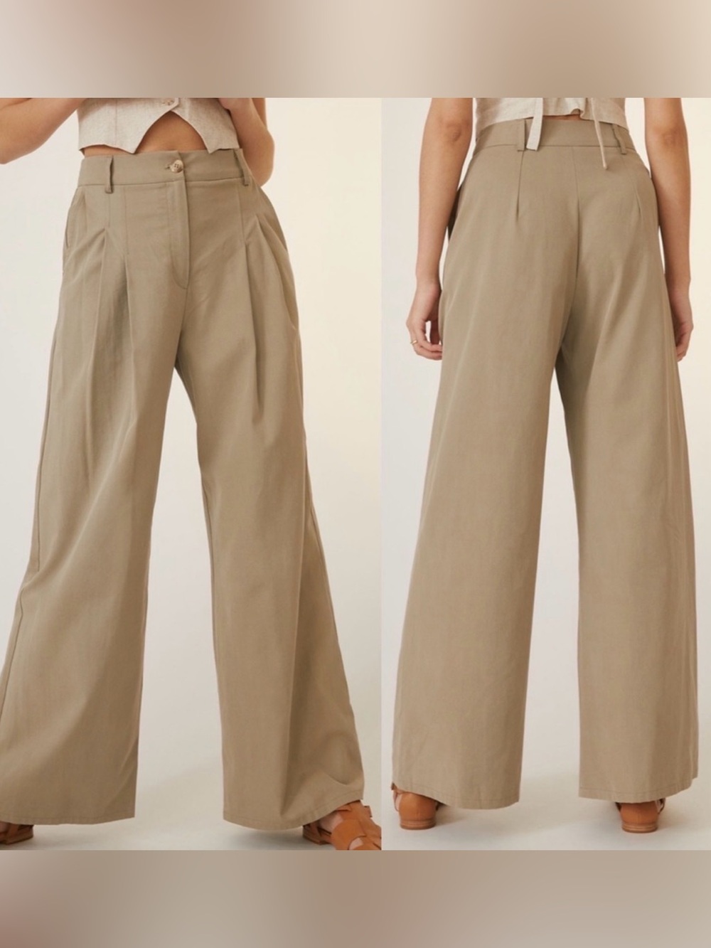 Anthropologie X Amadi Pleated
Wide Leg Trousers Sand Beige High Rise Tencel